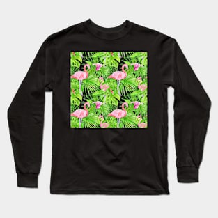 Tropical Pattern of Flamingos and Pink Flowers Long Sleeve T-Shirt